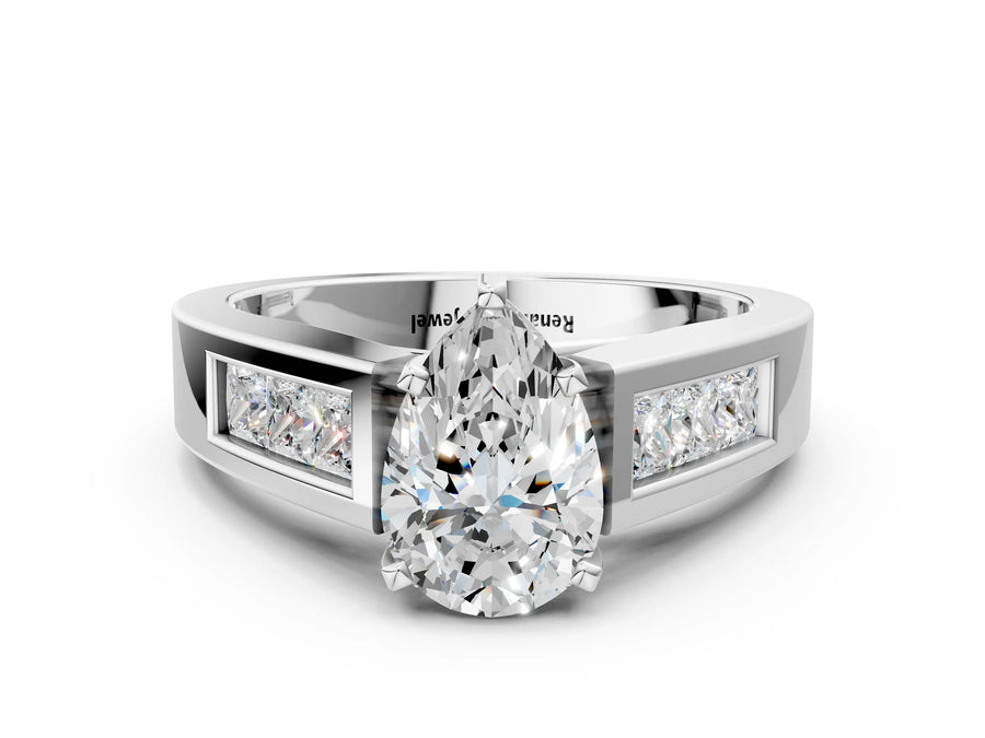 White gold Pear Cut Channel Set Solitaire Ring with Four-Prong Setting