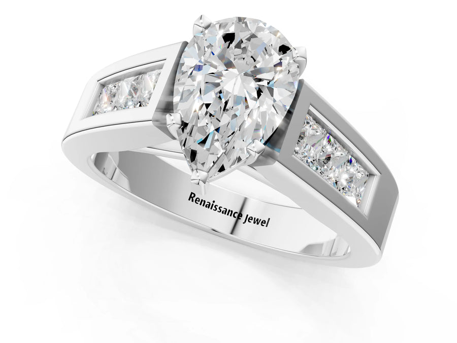 White gold Pear Cut Channel Set Solitaire Ring with Four-Prong Setting