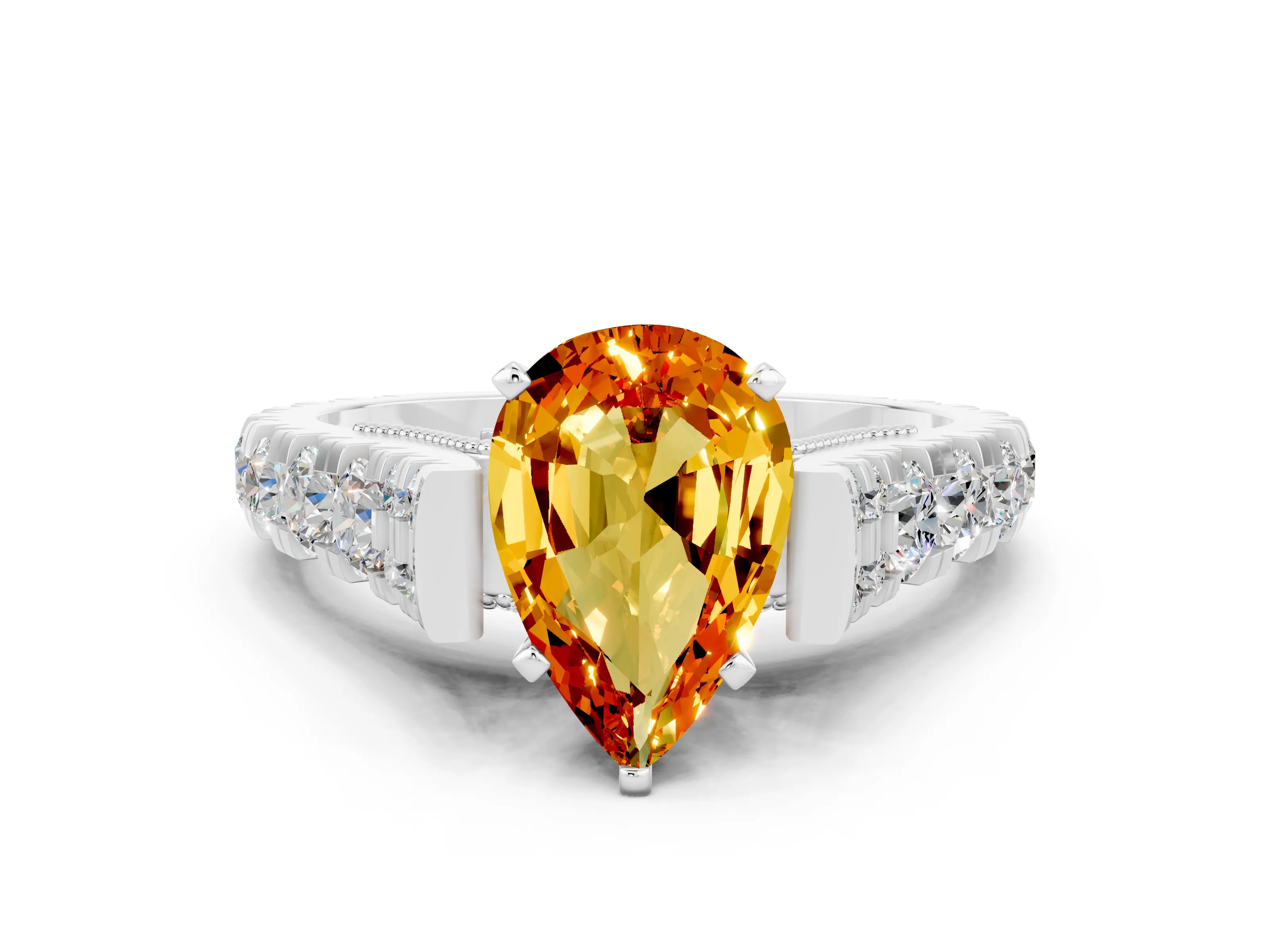 White gold Pear Cut Citrine Classic Solitaire Ring with Pavé Band and Four-Prong Setting