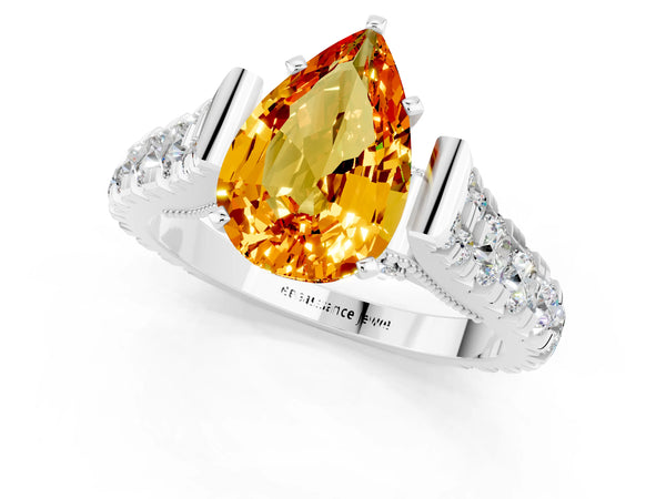 White gold Pear Cut Citrine Classic Solitaire Ring with Pavé Band and Four-Prong Setting