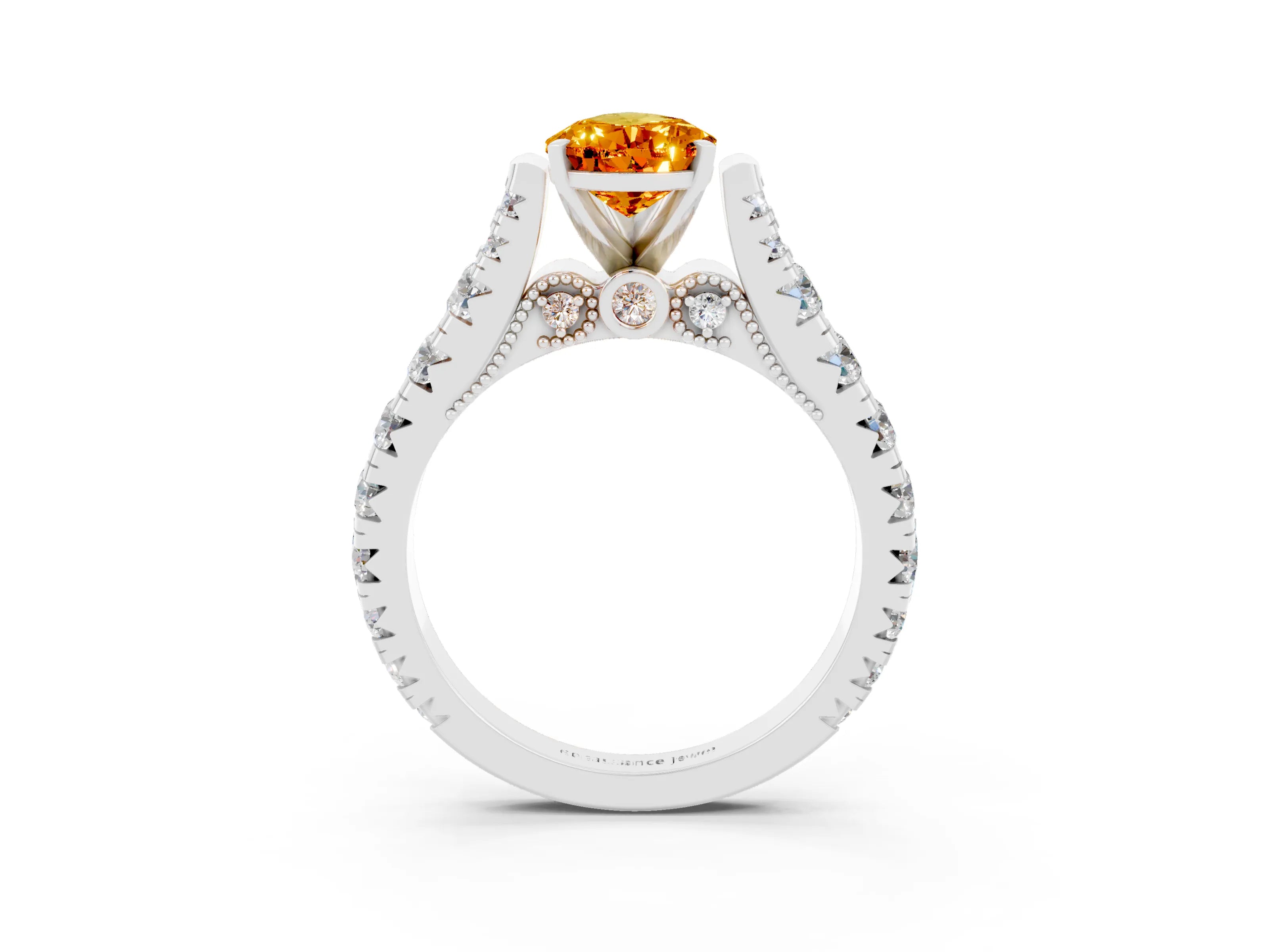 White gold Pear Cut Citrine Classic Solitaire Ring with Pavé Band and Four-Prong Setting_3