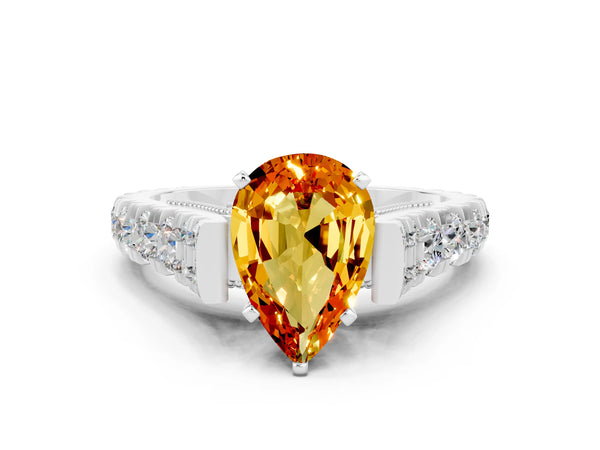 Silver Pear Cut Citrine Classic Solitaire Ring with Pavé Band and Four-Prong Setting