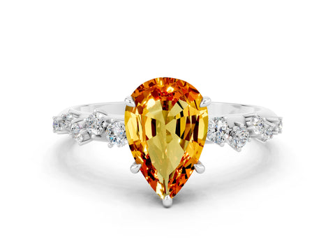 White gold Pear Cut Citrine Cluster Side Stone Solitaire Ring with Prong Setting_24