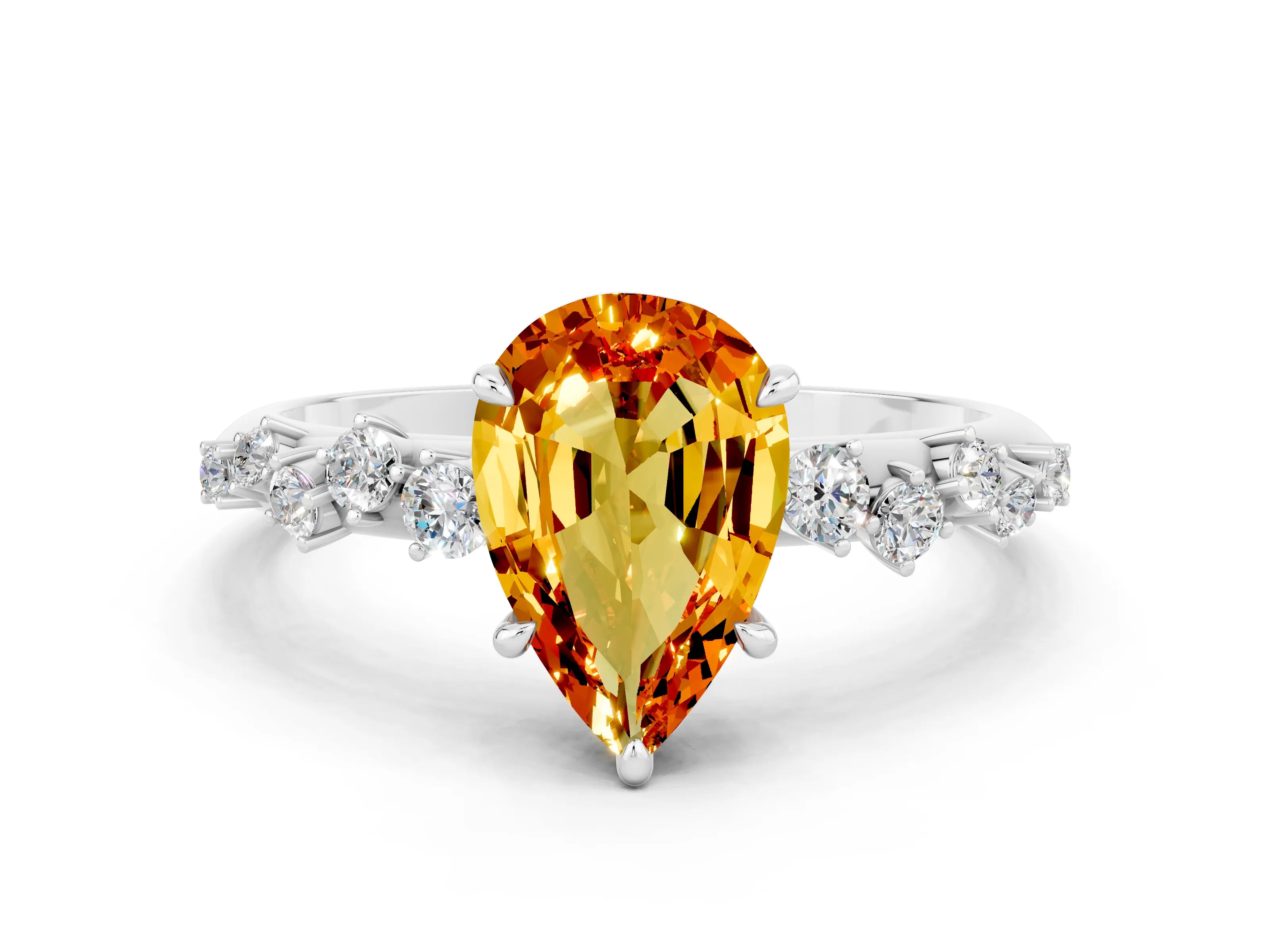 White gold Pear Cut Citrine Cluster Side Stone Solitaire Ring with Prong Setting_24