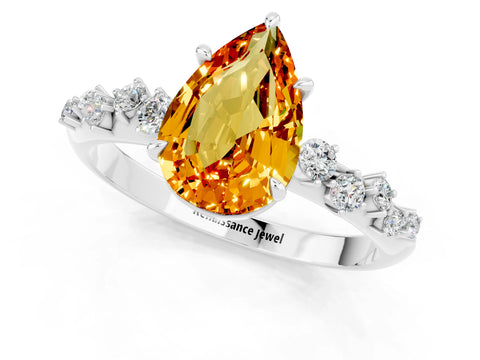 White gold Pear Cut Citrine Cluster Side Stone Solitaire Ring with Prong Setting_25