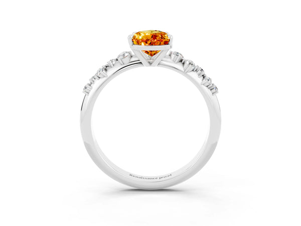 Silver Pear Cut Citrine Cluster Side Stone Solitaire Ring with Prong Setting