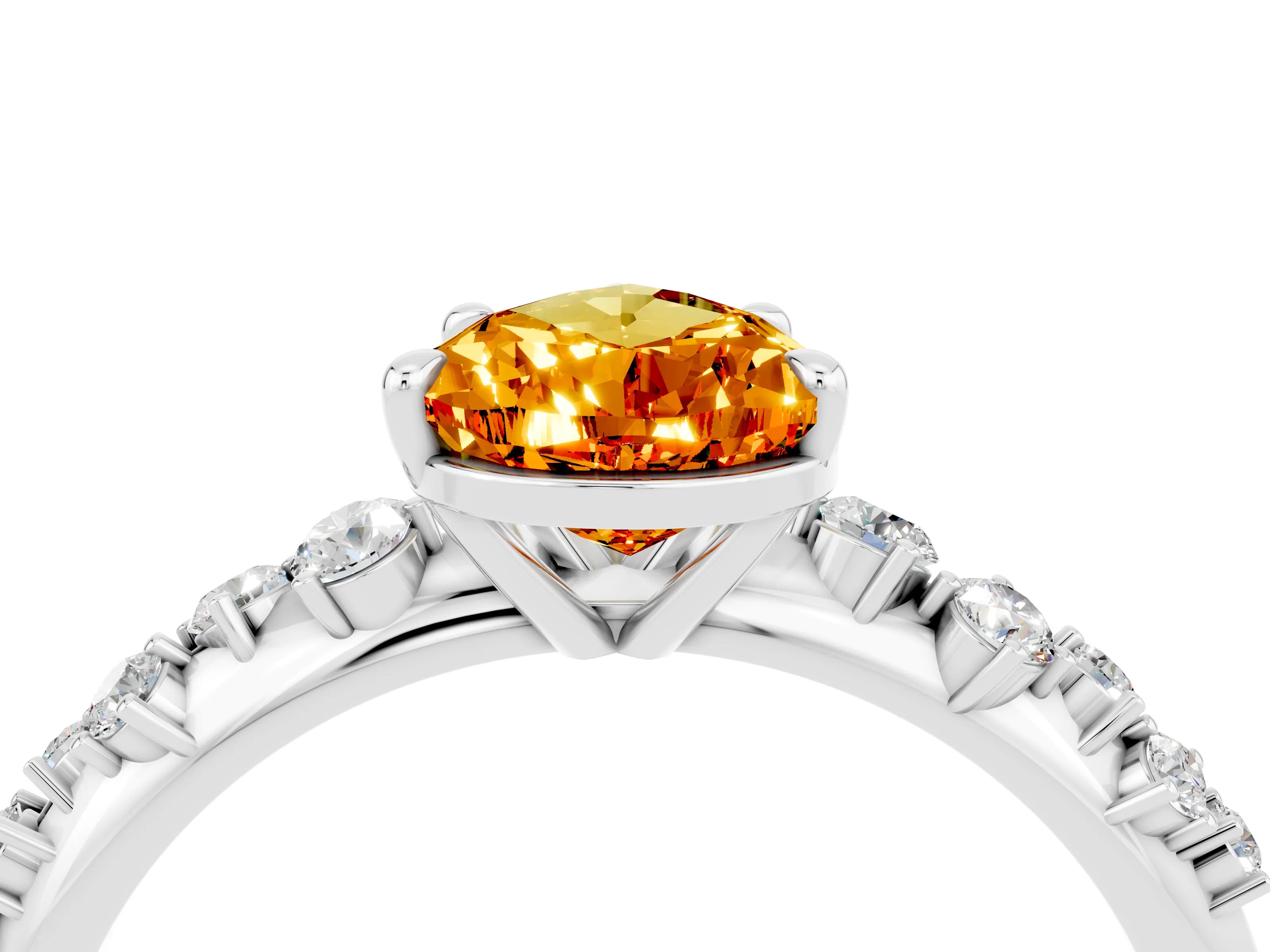 White gold Pear Cut Citrine Cluster Side Stone Solitaire Ring with Prong Setting_28