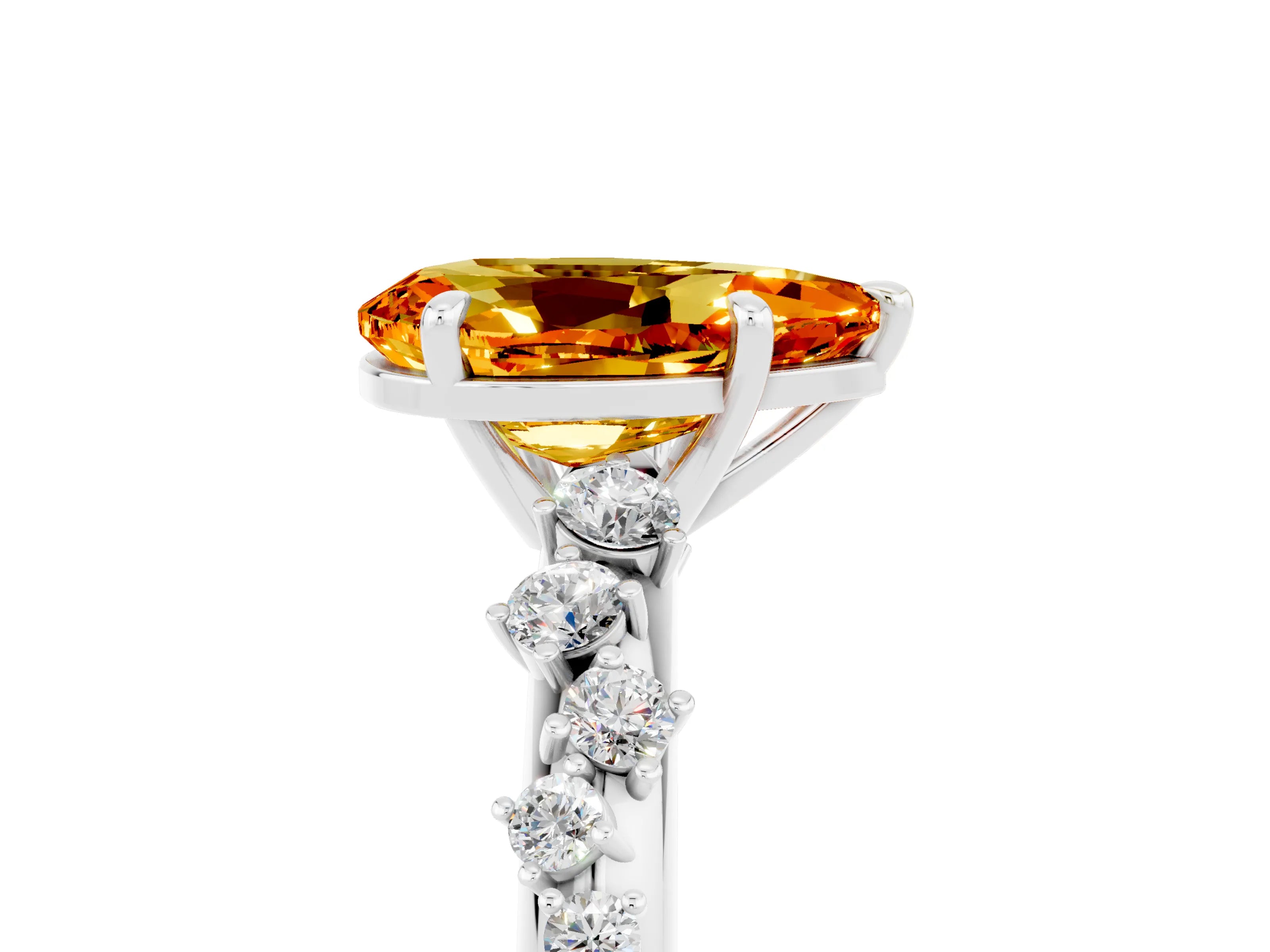 White gold Pear Cut Citrine Cluster Side Stone Solitaire Ring with Prong Setting_29