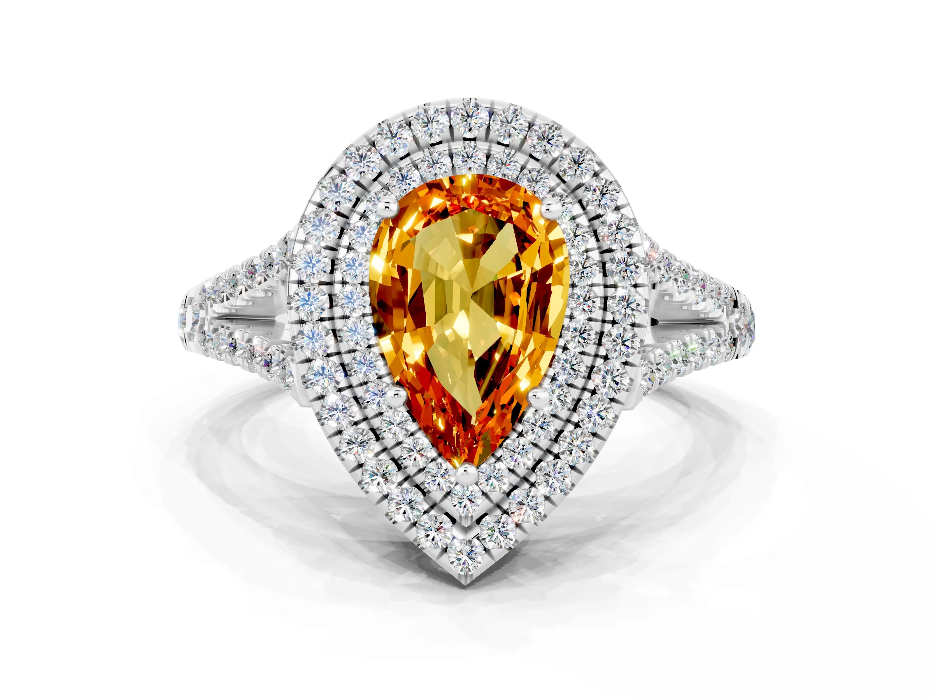 White gold Pear Cut Citrine Double Halo Ring with Pavé Band and Prong Setting_24