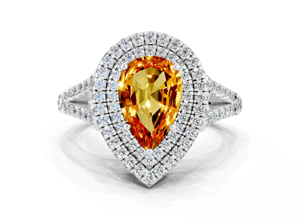 White gold Pear Cut Citrine Double Halo Ring with Pavé Band and Prong Setting