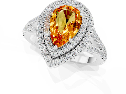 White gold Pear Cut Citrine Double Halo Ring with Pavé Band and Prong Setting_25