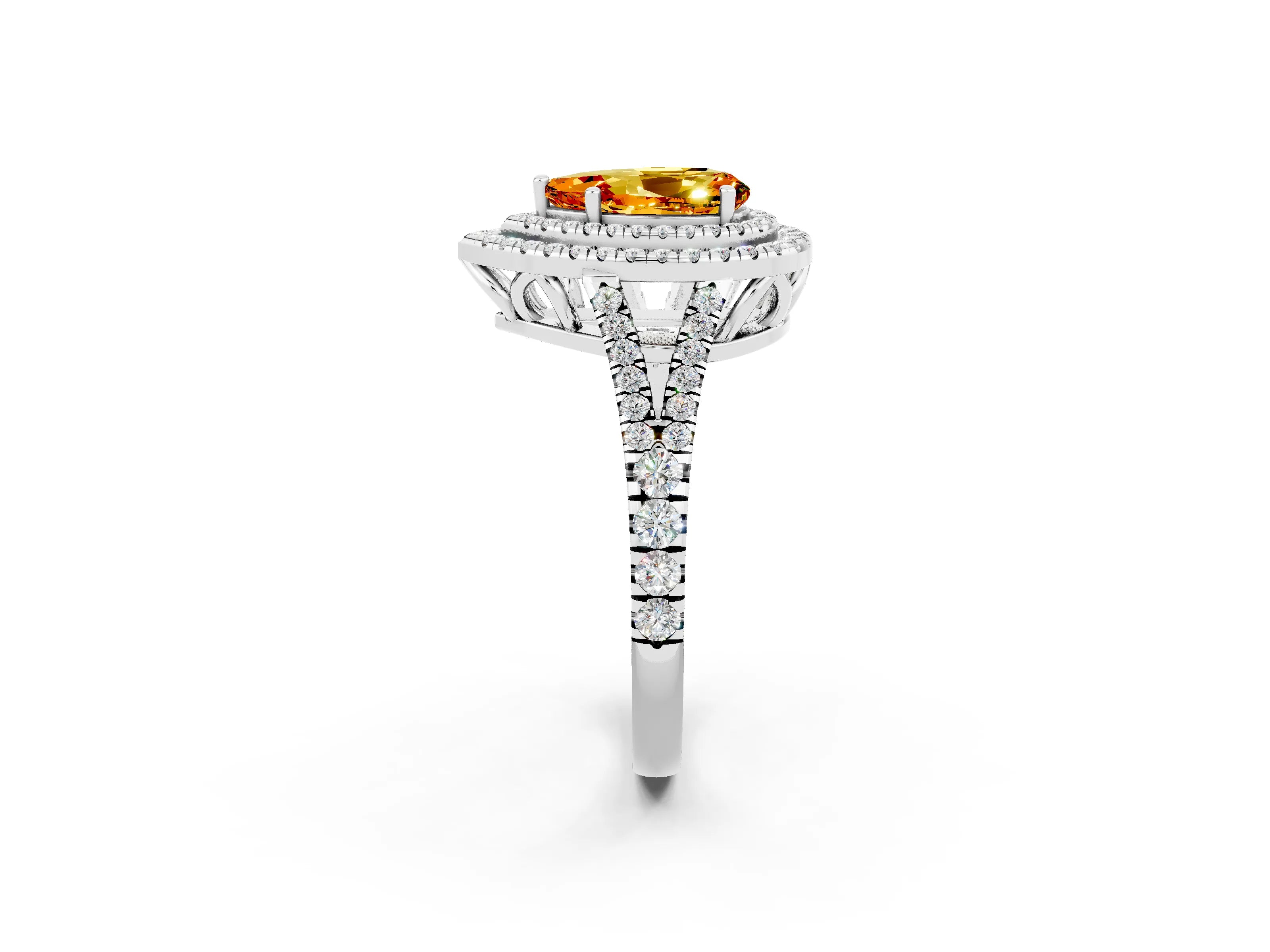 White gold Pear Cut Citrine Double Halo Ring with Pavé Band and Prong Setting_26