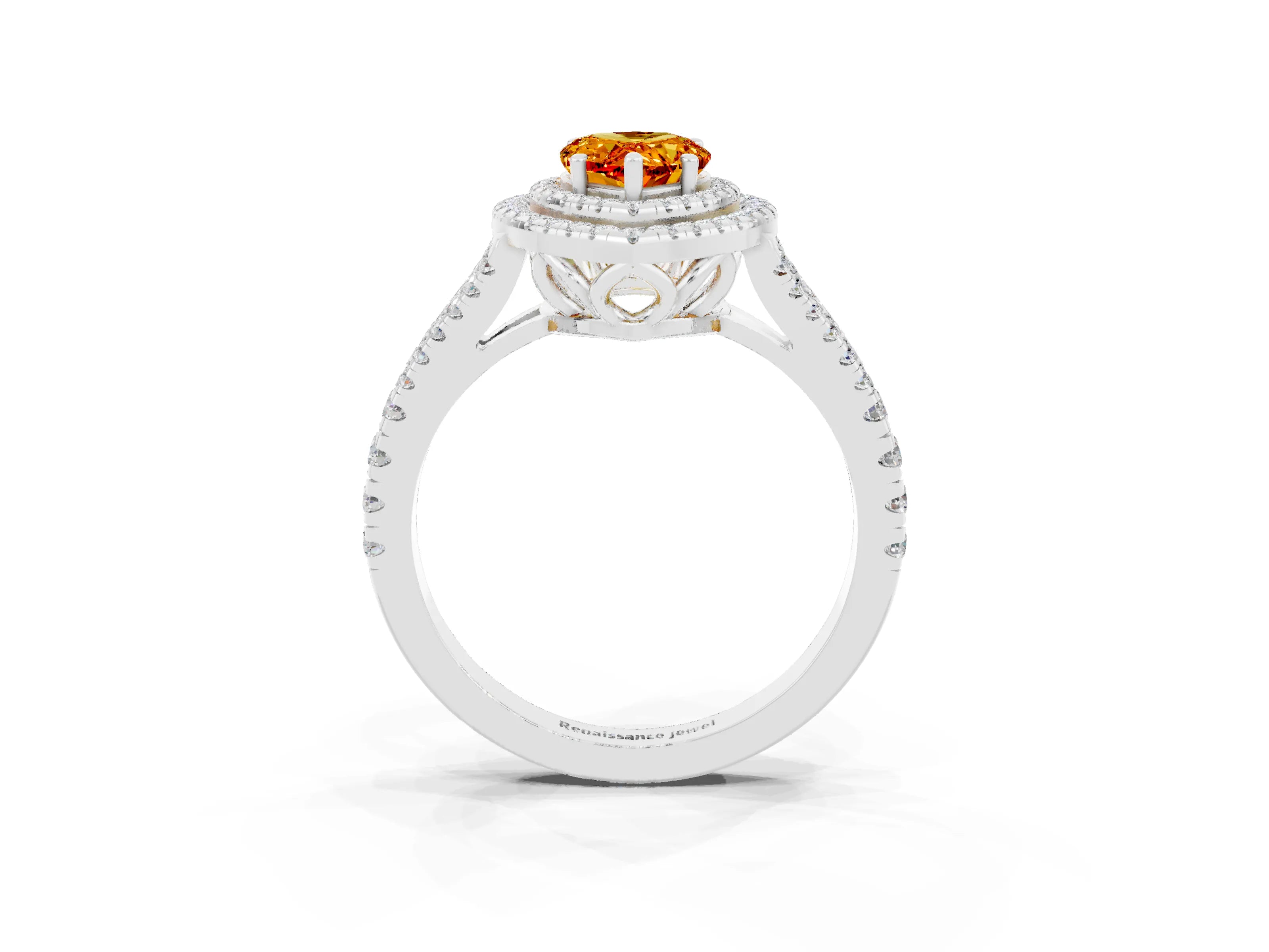 White gold Pear Cut Citrine Double Halo Ring with Pavé Band and Prong Setting_27