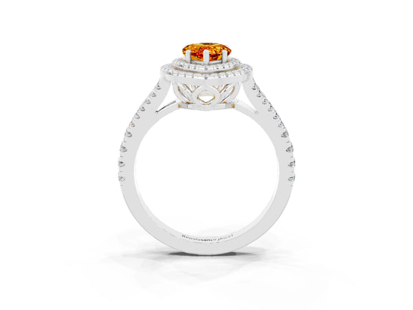 Platinum Pear Cut Citrine Double Halo Ring with Pavé Band and Prong Setting