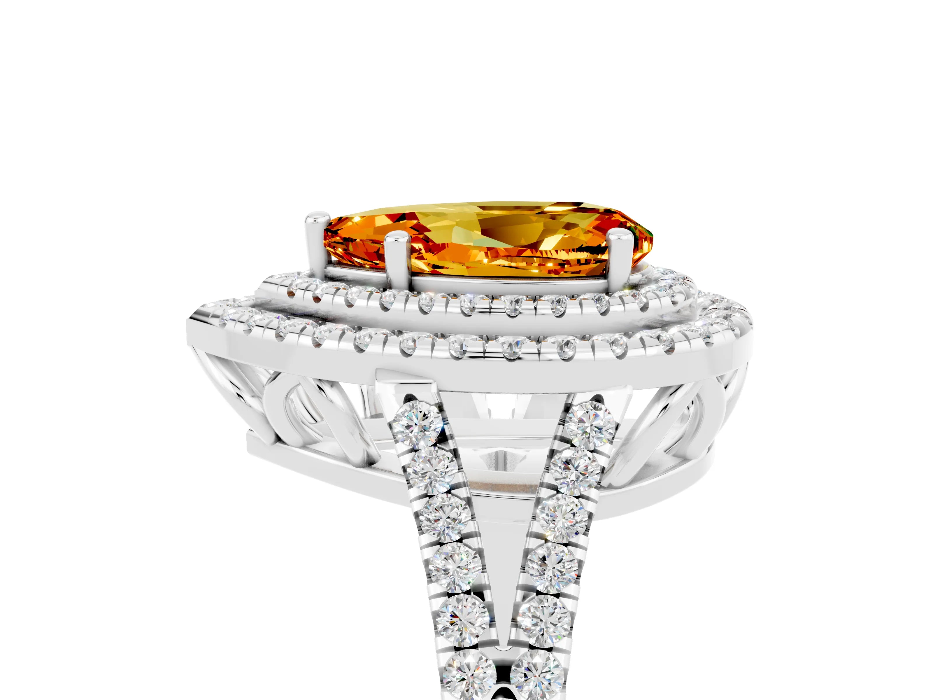 White gold Pear Cut Citrine Double Halo Ring with Pavé Band and Prong Setting_29