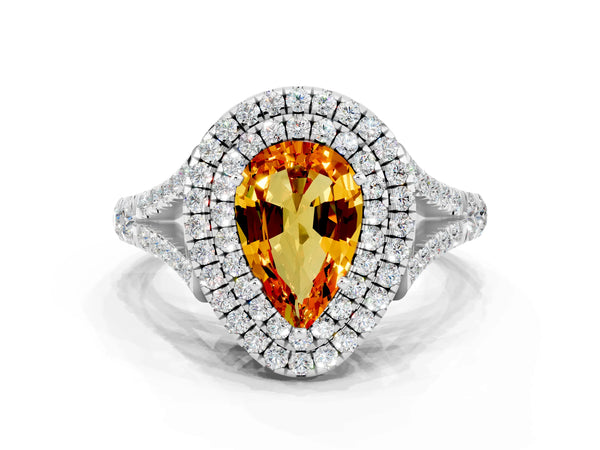 Silver Pear Cut Citrine Double Halo Ring with Split Shank and Prong Setting