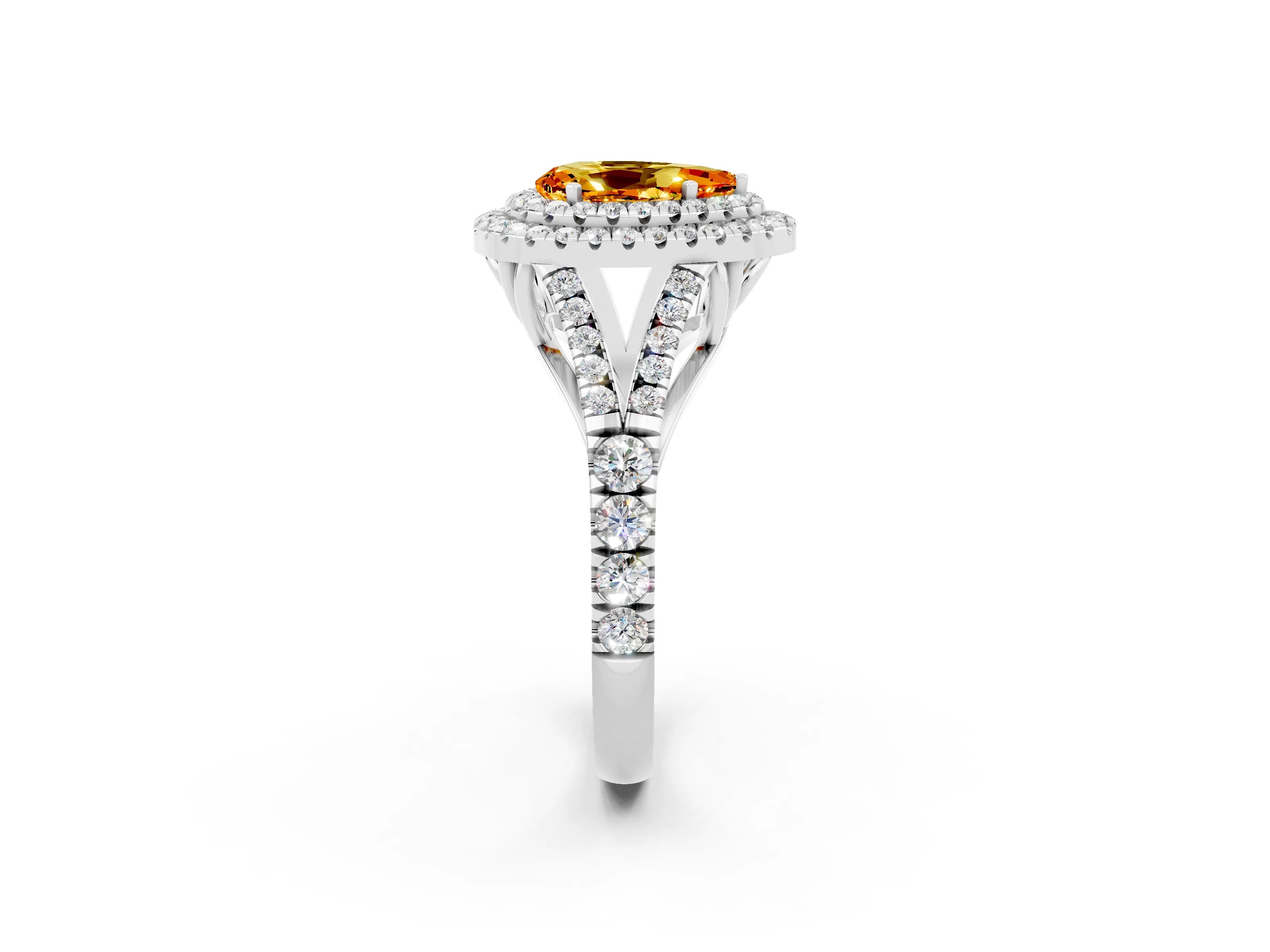 White gold Pear Cut Citrine Double Halo Ring with Split Shank and Prong Setting_14
