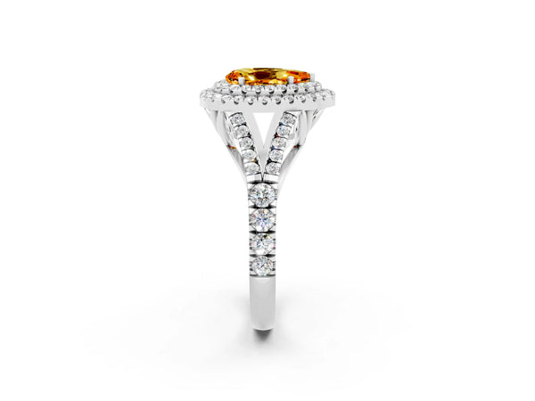 Platinum Pear Cut Citrine Double Halo Ring with Split Shank and Prong Setting