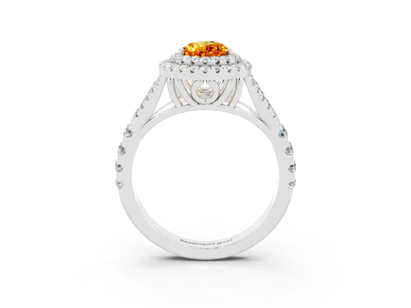 Platinum Pear Cut Citrine Double Halo Ring with Split Shank and Prong Setting