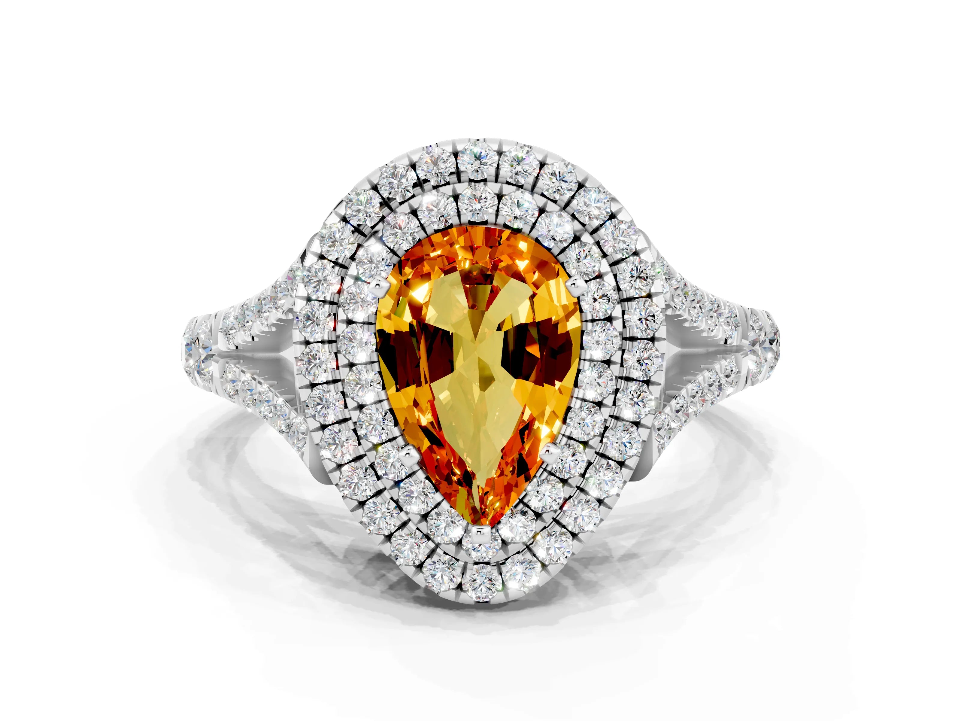 White gold Pear Cut Citrine Double Halo Ring with Split Shank and Prong Setting_24