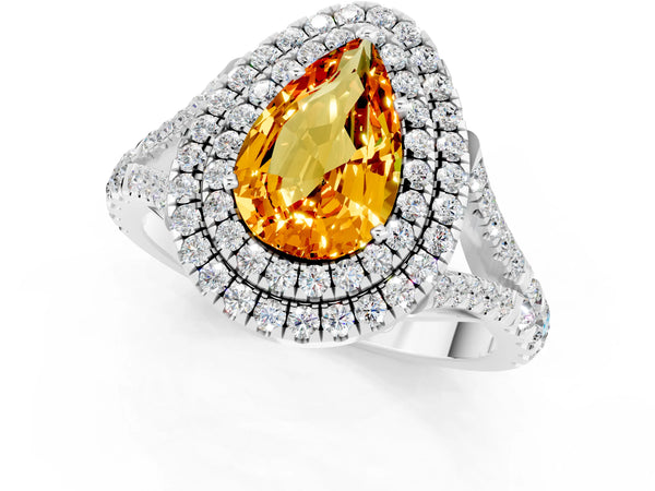 White gold Pear Cut Citrine Double Halo Ring with Split Shank and Prong Setting