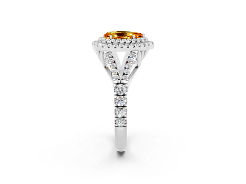 White gold Pear Cut Citrine Double Halo Ring with Split Shank and Prong Setting_26