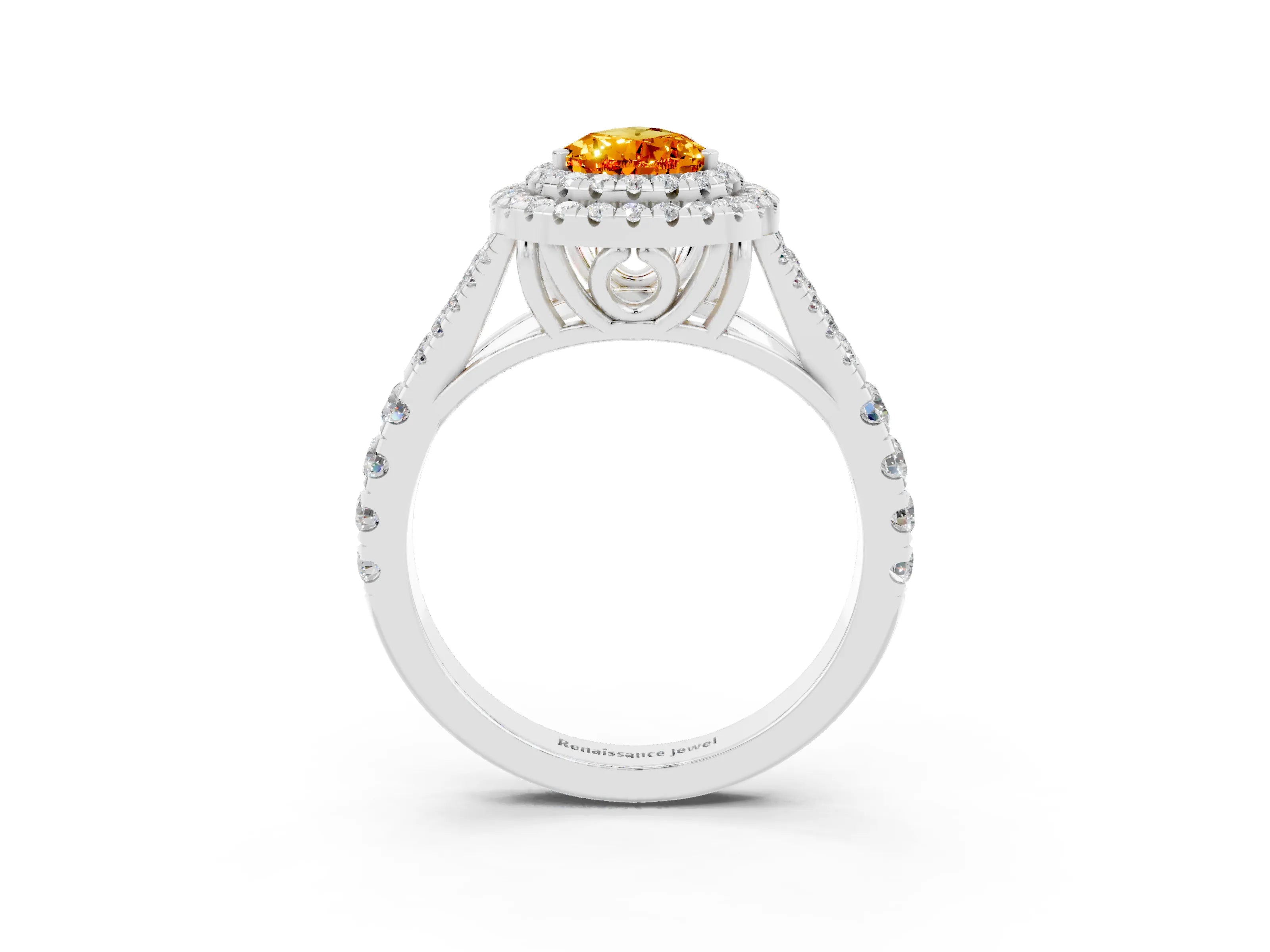 White gold Pear Cut Citrine Double Halo Ring with Split Shank and Prong Setting_27