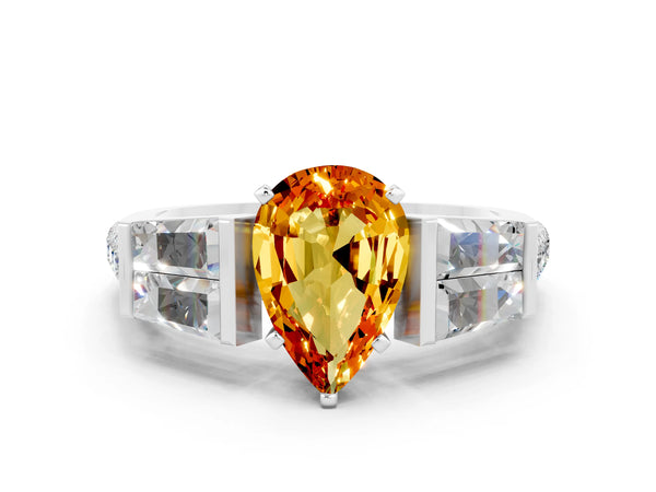 Platinum Pear Cut Citrine Engagement Ring with Baguette Side Stones and Channel Set Band
