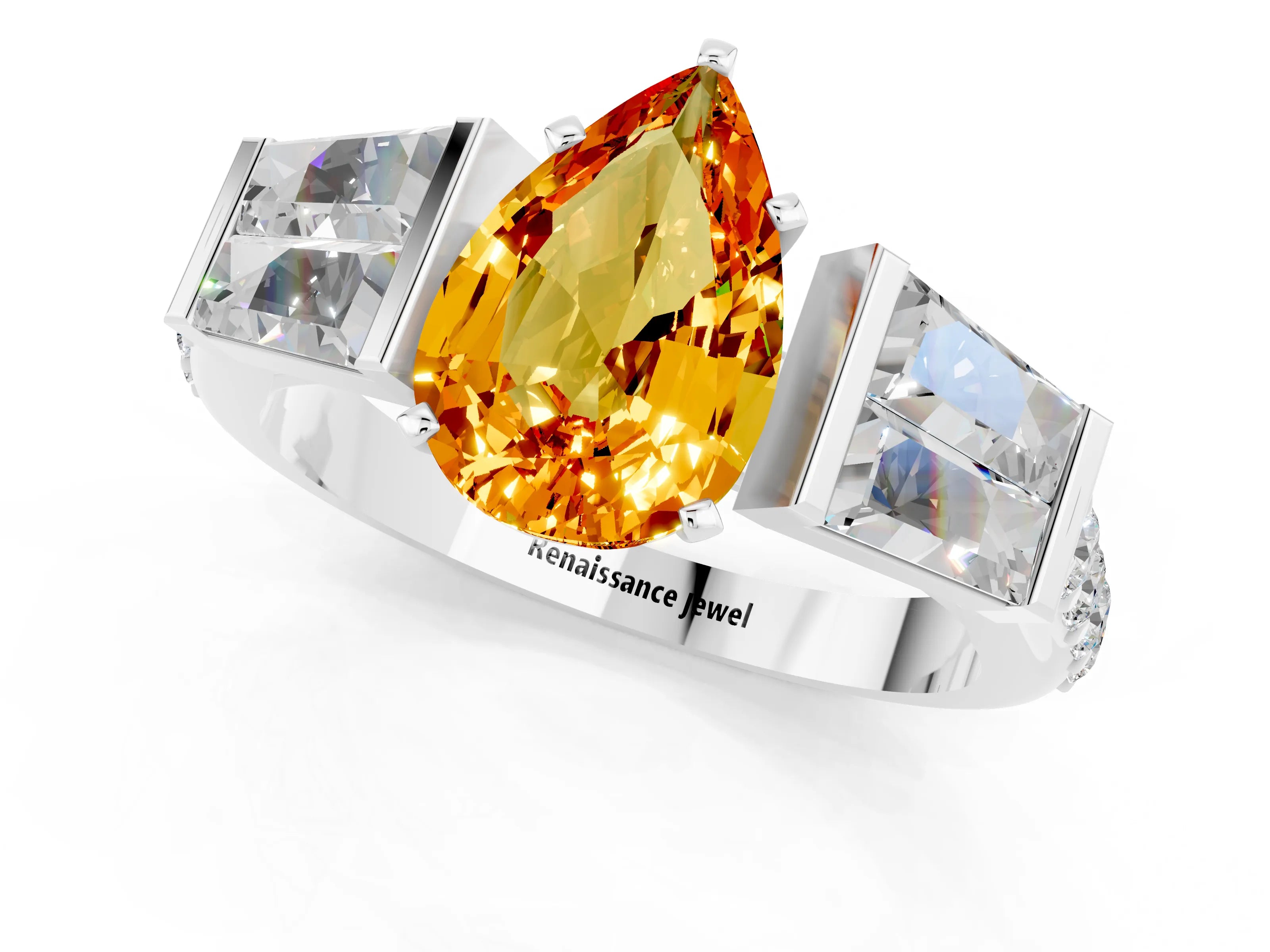 White gold Pear Cut Citrine Engagement Ring with Baguette Side Stones and Channel Set Band_1