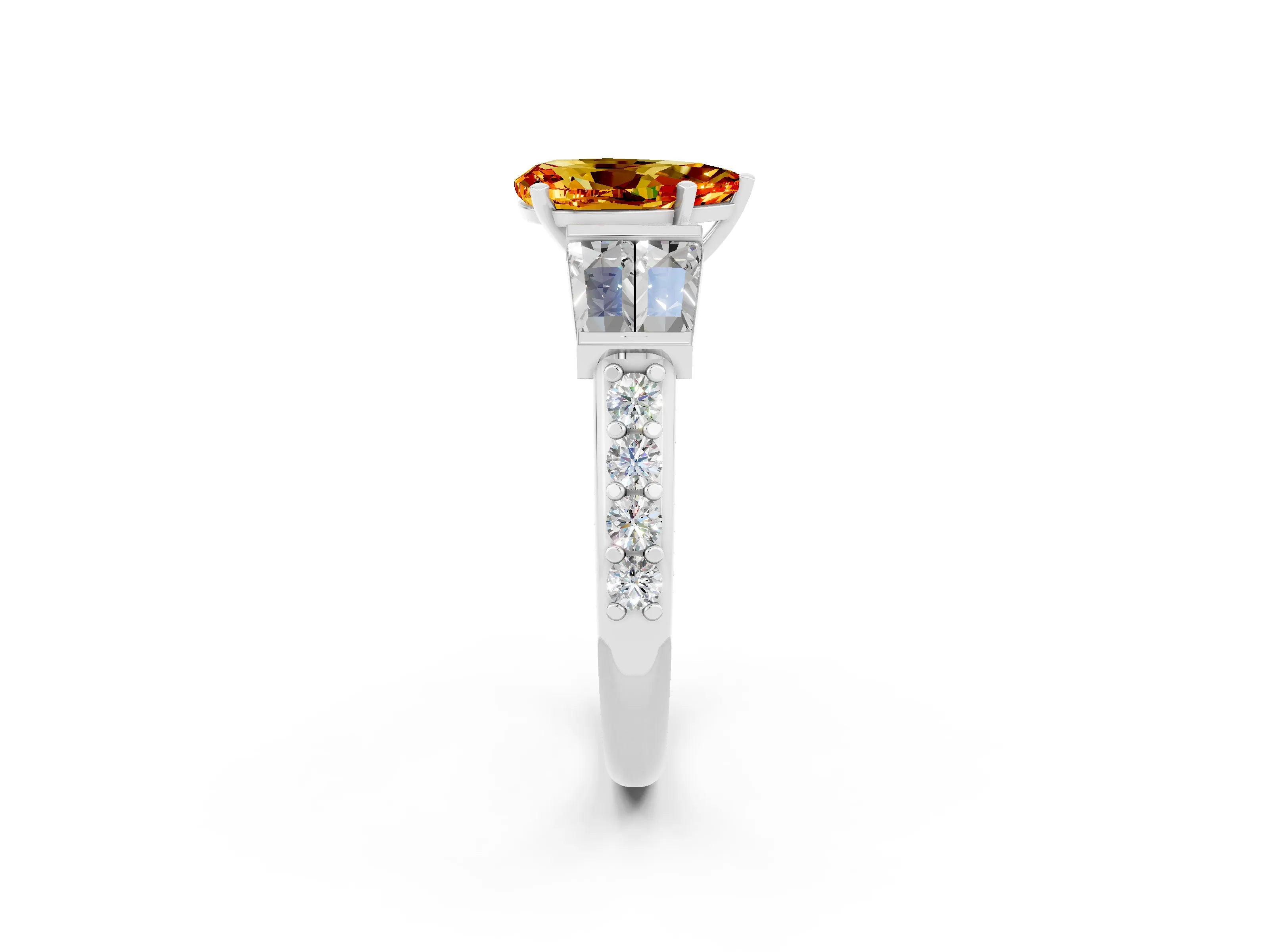 White gold Pear Cut Citrine Engagement Ring with Baguette Side Stones and Channel Set Band_2
