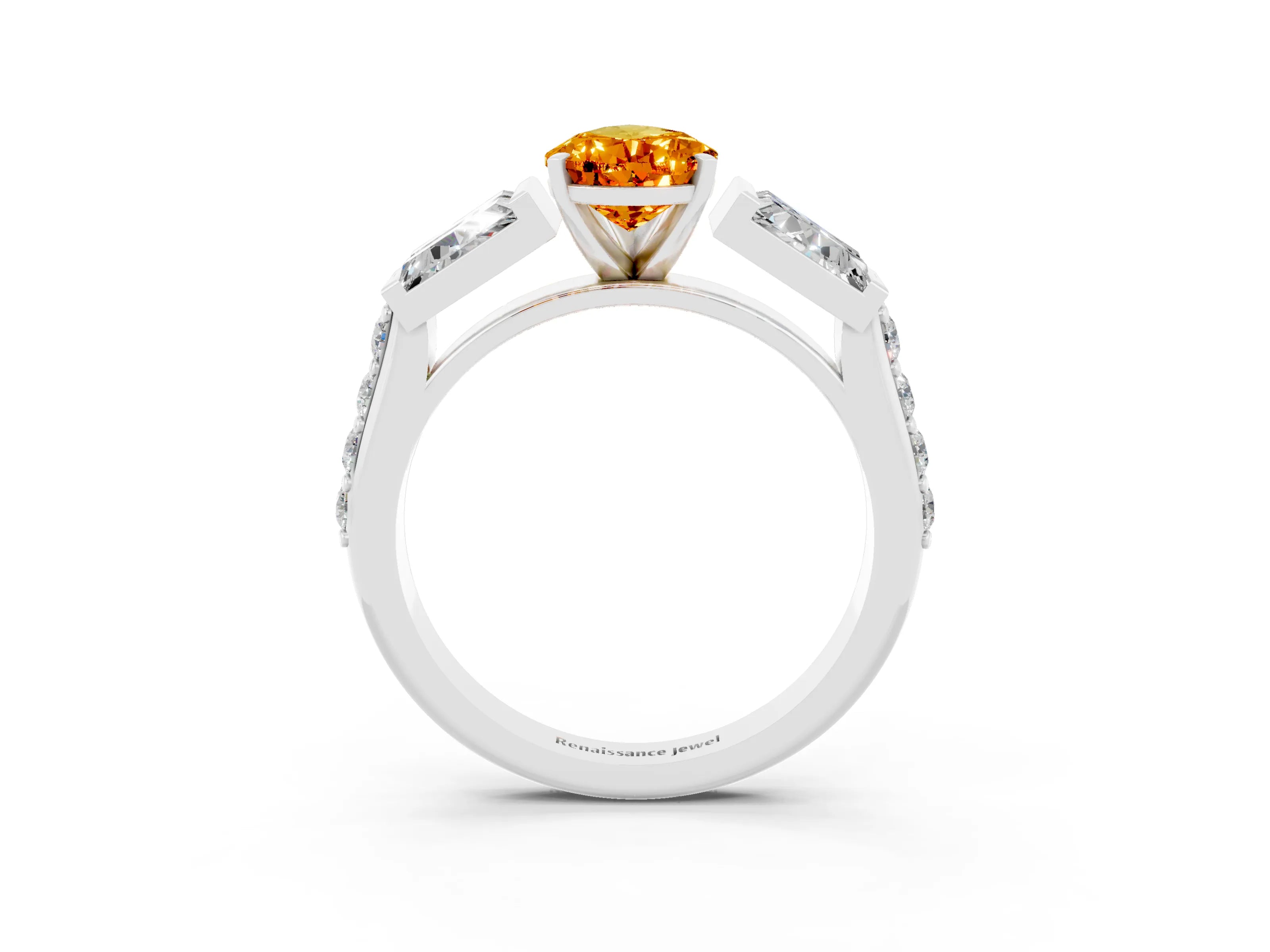 White gold Pear Cut Citrine Engagement Ring with Baguette Side Stones and Channel Set Band_3