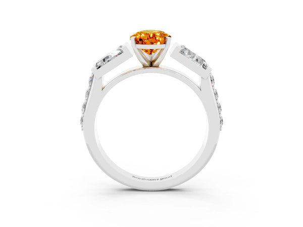 Silver Pear Cut Citrine Engagement Ring with Baguette Side Stones and Channel Set Band