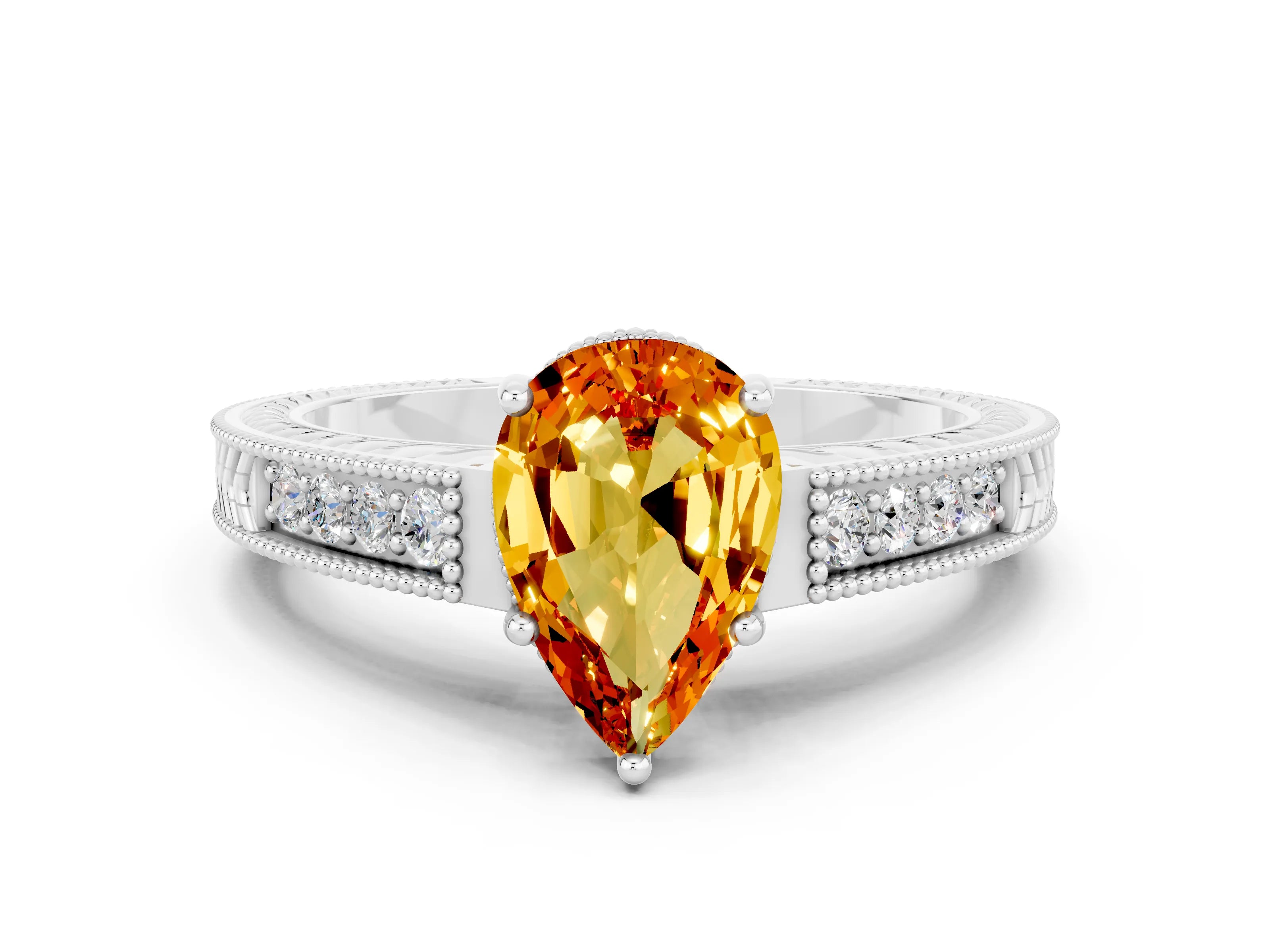 White gold Pear Cut Citrine Engagement Ring with Milgrain Channel Set Band and Prong Setting