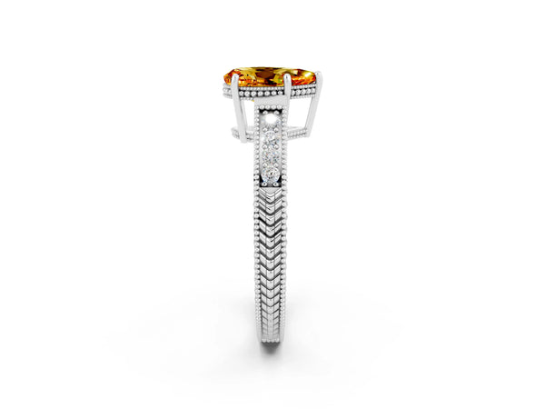 Platinum Pear Cut Citrine Engagement Ring with Milgrain Channel Set Band and Prong Setting