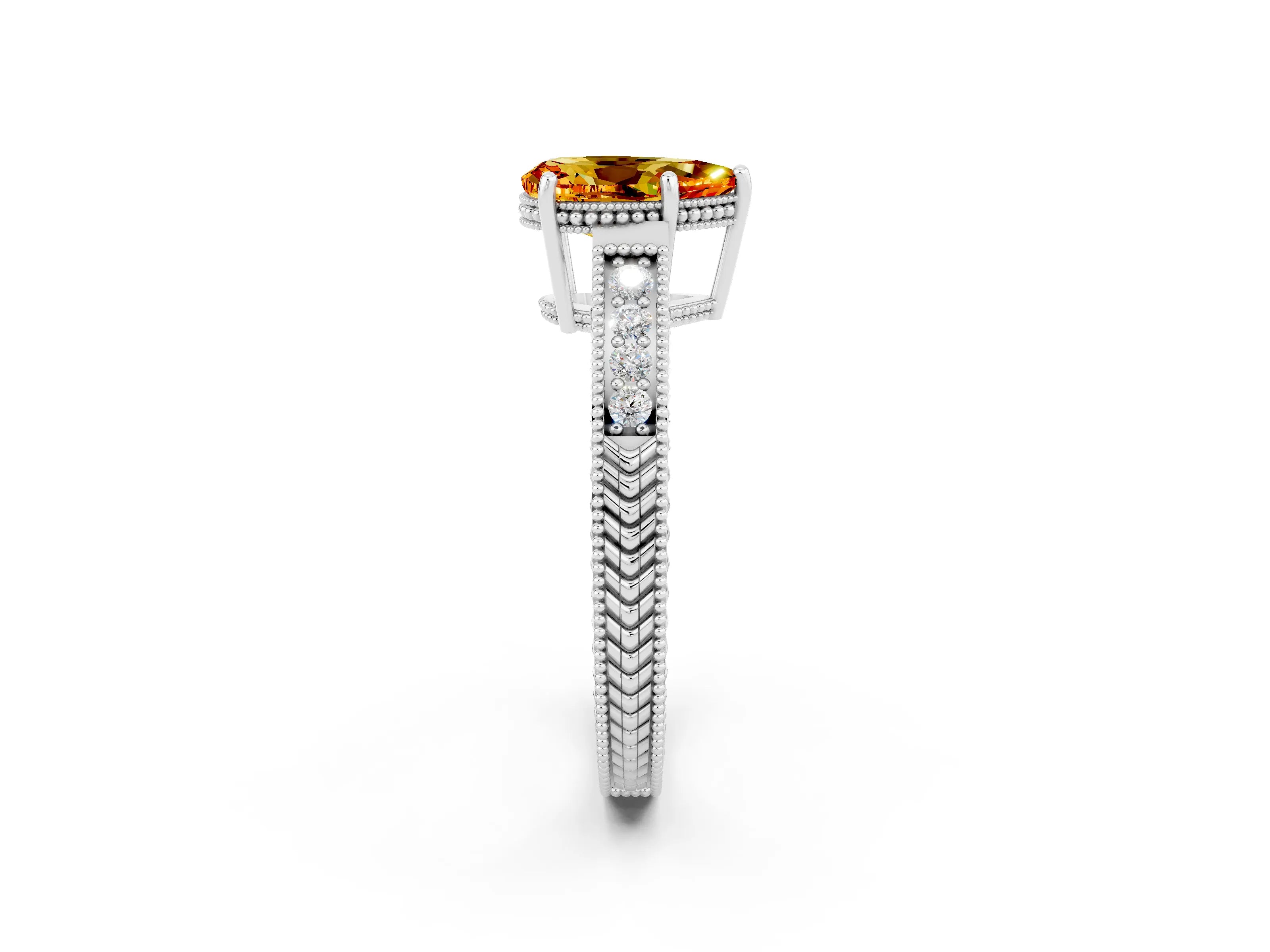 White gold Pear Cut Citrine Engagement Ring with Milgrain Channel Set Band and Prong Setting_2