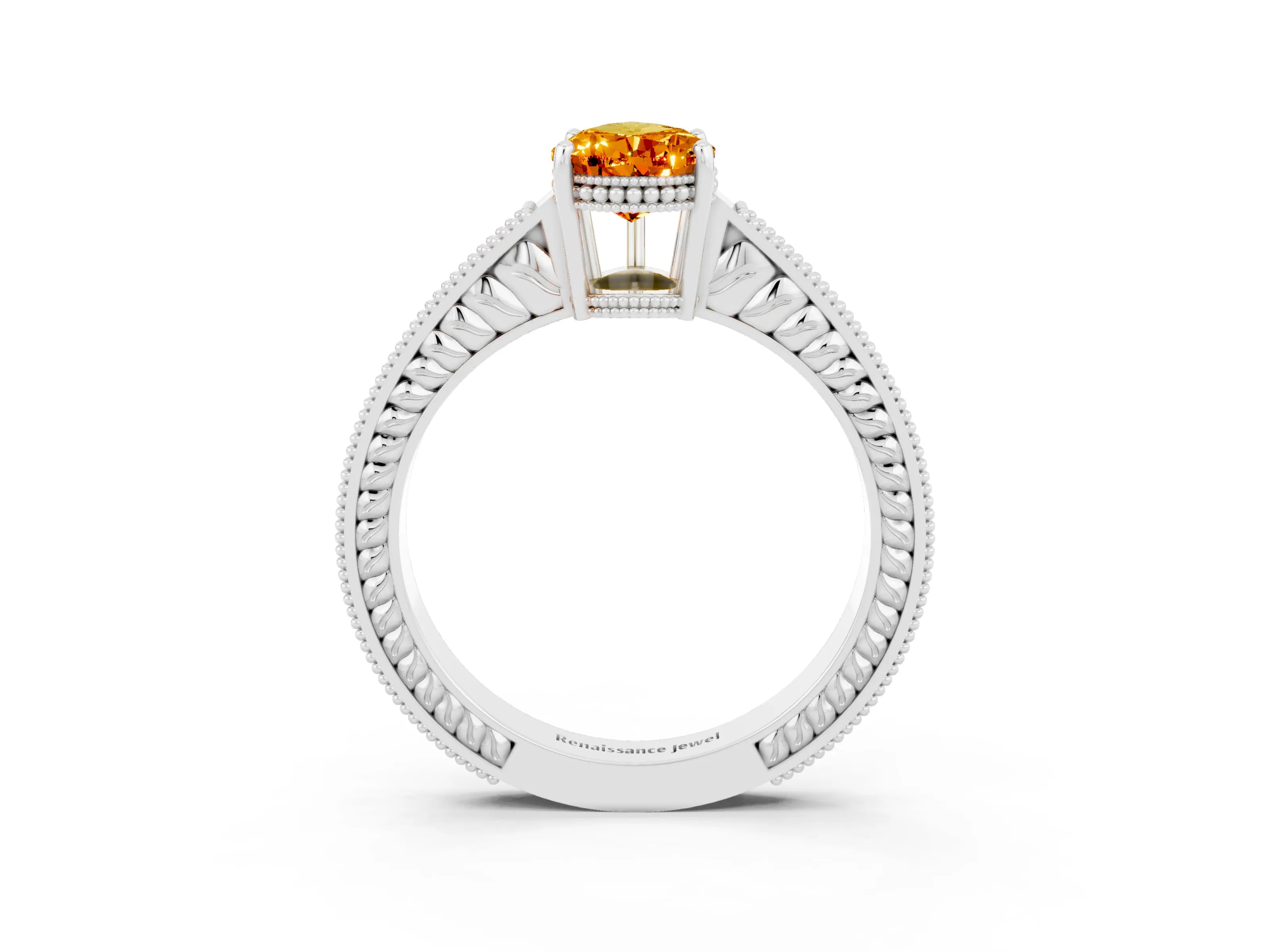 White gold Pear Cut Citrine Engagement Ring with Milgrain Channel Set Band and Prong Setting_3