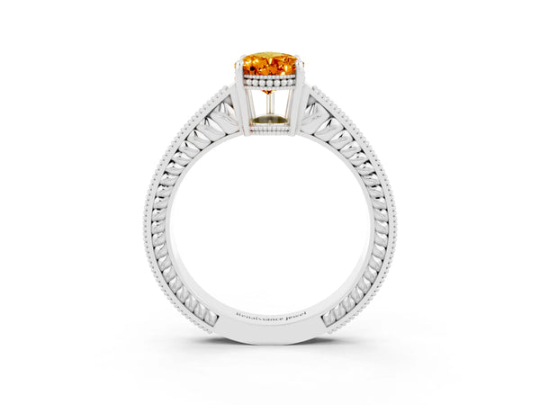 Silver Pear Cut Citrine Engagement Ring with Milgrain Channel Set Band and Prong Setting