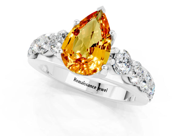 Silver Pear Cut Citrine Engagement Ring with Pavé Band and Four-Prong Setting