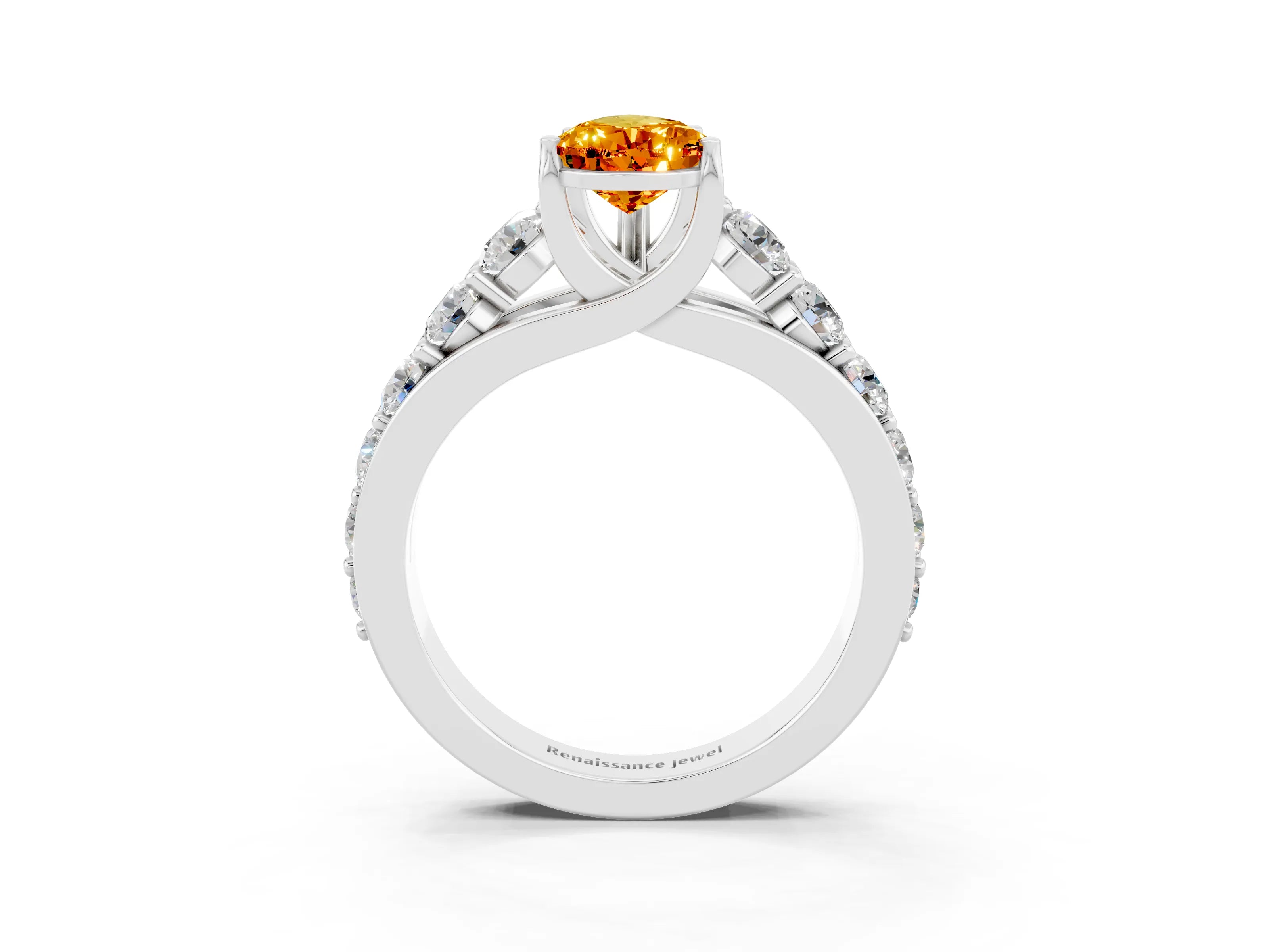 White gold Pear Cut Citrine Engagement Ring with Pavé Band and Four-Prong Setting_3