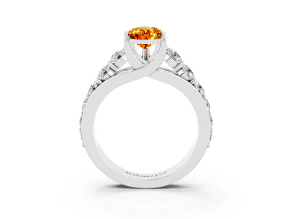 Silver Pear Cut Citrine Engagement Ring with Pavé Band and Four-Prong Setting