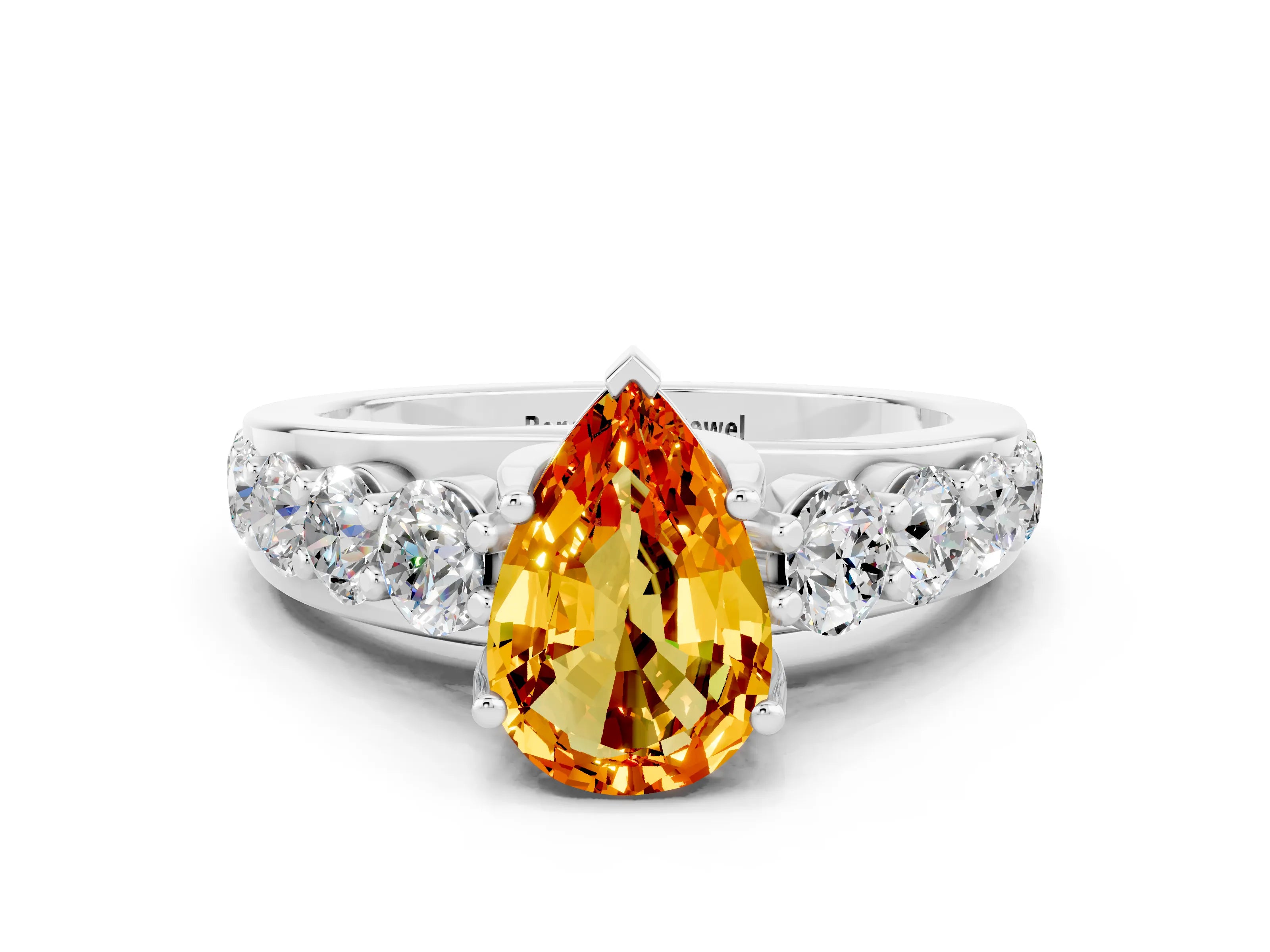 White gold Pear Cut Citrine Engagement Ring with Pavé Band and Four-Prong Setting