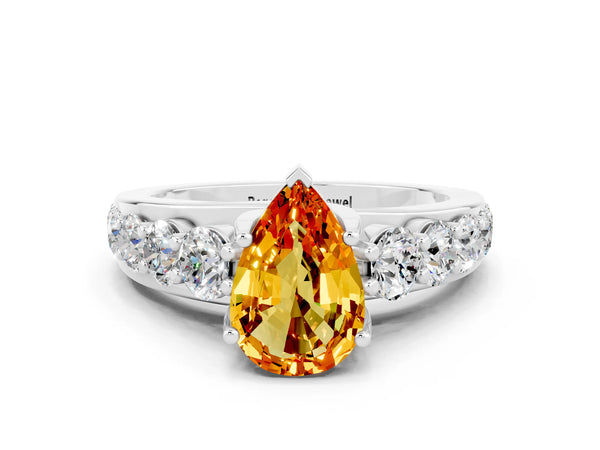 Silver Pear Cut Citrine Engagement Ring with Pavé Band and Four-Prong Setting