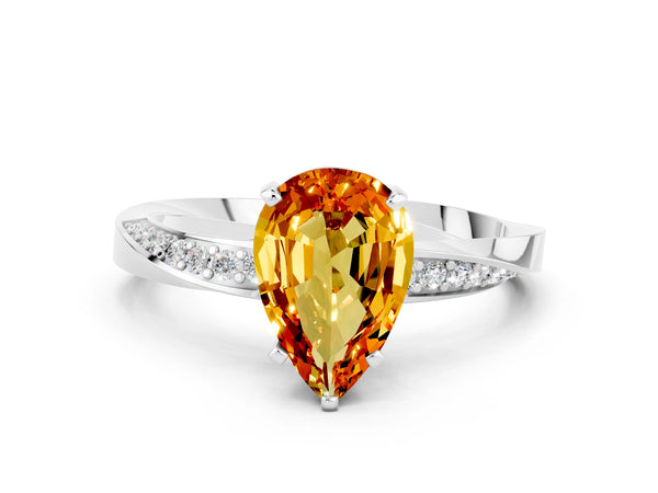 White gold Pear Cut Citrine Engagement Ring with Side Stone Accents and Four-Prong Setting