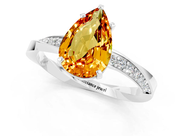 White gold Pear Cut Citrine Engagement Ring with Side Stone Accents and Four-Prong Setting