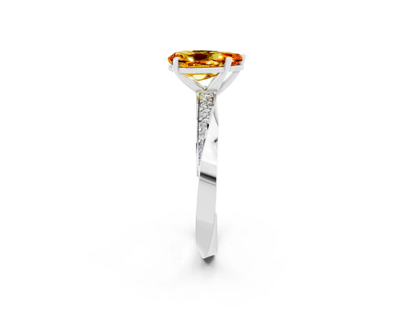 White gold Pear Cut Citrine Engagement Ring with Side Stone Accents and Four-Prong Setting