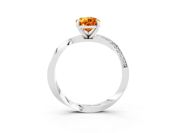 White gold Pear Cut Citrine Engagement Ring with Side Stone Accents and Four-Prong Setting