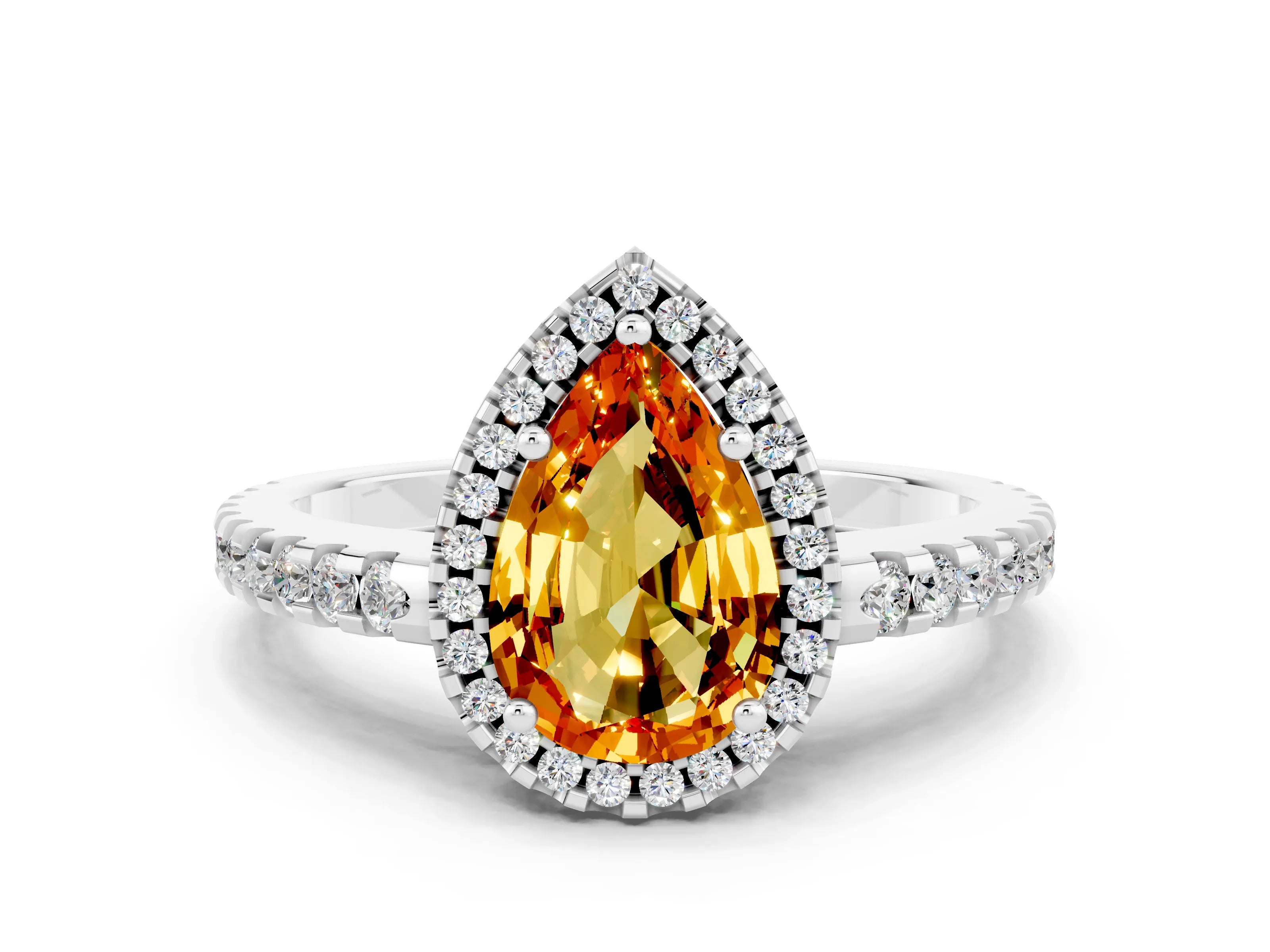 White gold Pear Cut Citrine Halo Engagement Ring with Pavé Band and Prong Setting_12