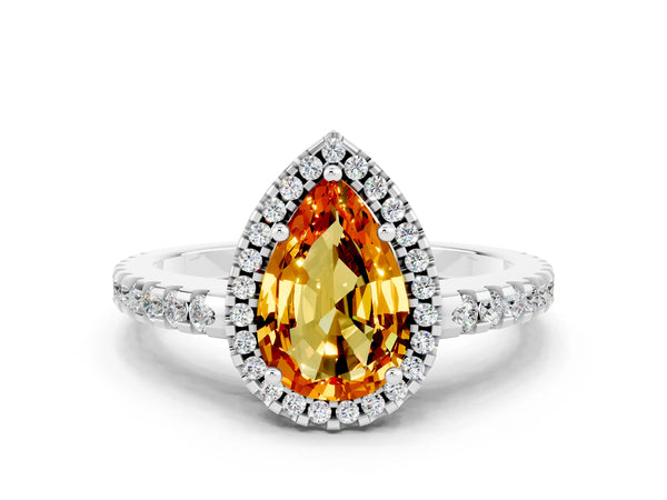 Silver Pear Cut Citrine Halo Engagement Ring with Pavé Band and Prong Setting
