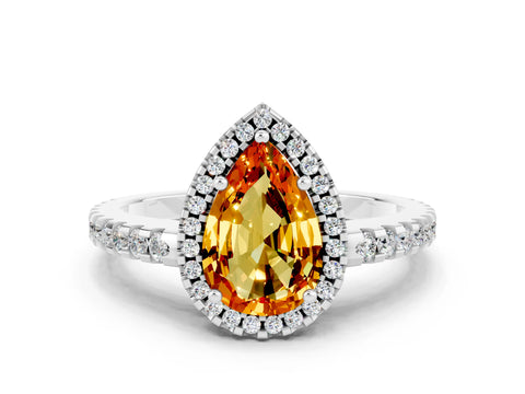 White gold Pear Cut Citrine Halo Engagement Ring with Pavé Band and Prong Setting_12