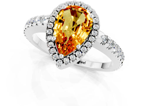 White gold Pear Cut Citrine Halo Engagement Ring with Pavé Band and Prong Setting_13